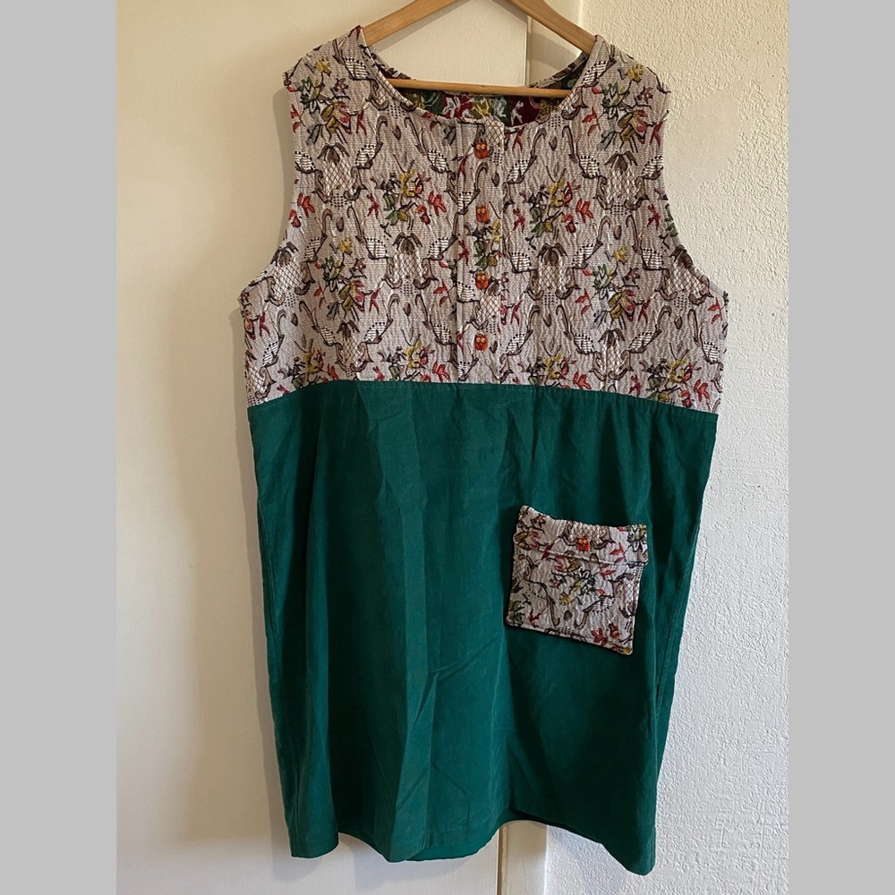 Artsy Owl Button Tunic Dress Colorblock Green Boho Cottagecore Lagenlook L XL